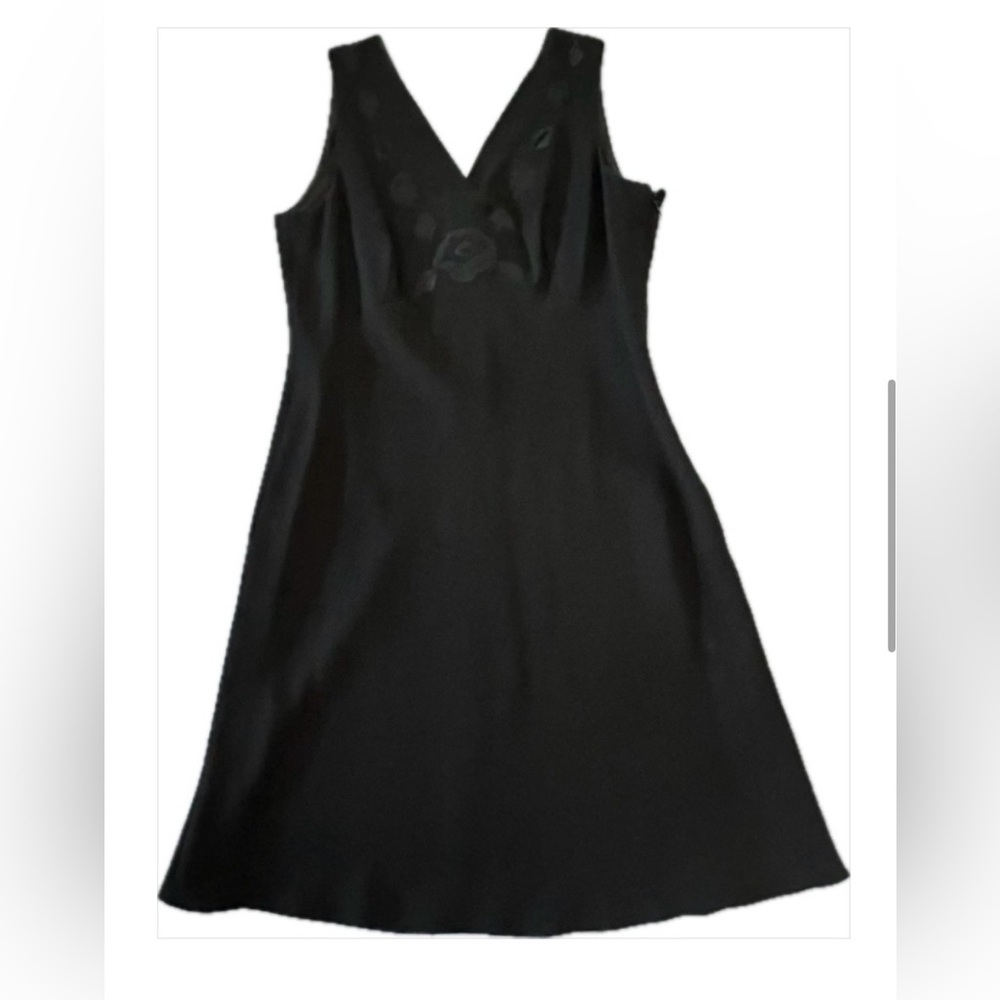 Black Sleeveless Dress with sheer neckline and floral appliqués. Side Zip NWOT